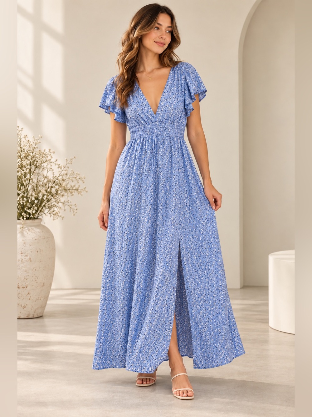 SHEIN Blue Floral Flutter Sleeve Maxi Dress Size M